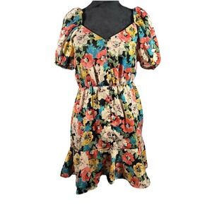 Zara Floral Puff Sleeve Satin Mini Dress Womens Small Cottage Milkmaid Coquette